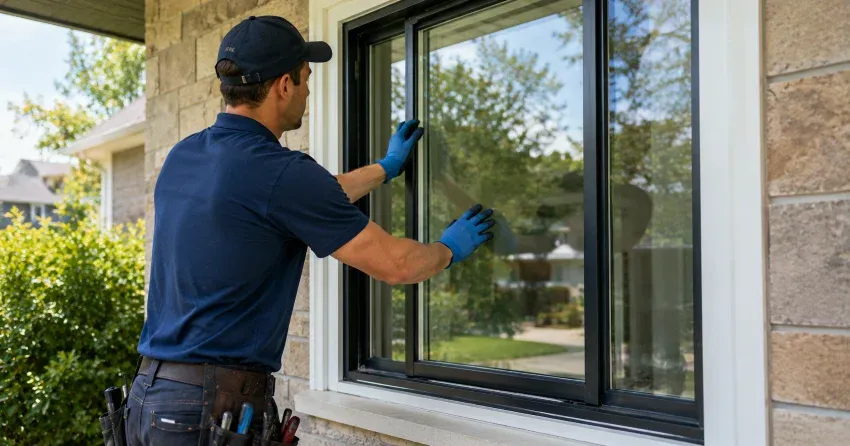 technician measuring a broken window pane for replacement in Crestwood-Springfarm-Yorkhill, Thornhill