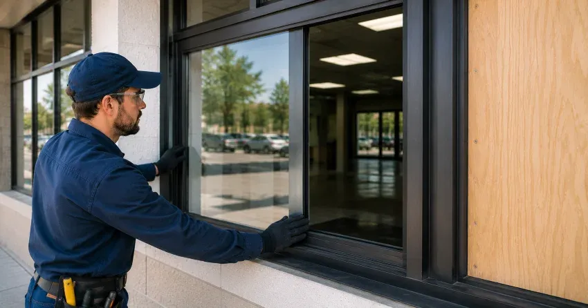 technician boarding a broken window after a break-in in Brownridge, Thornhill