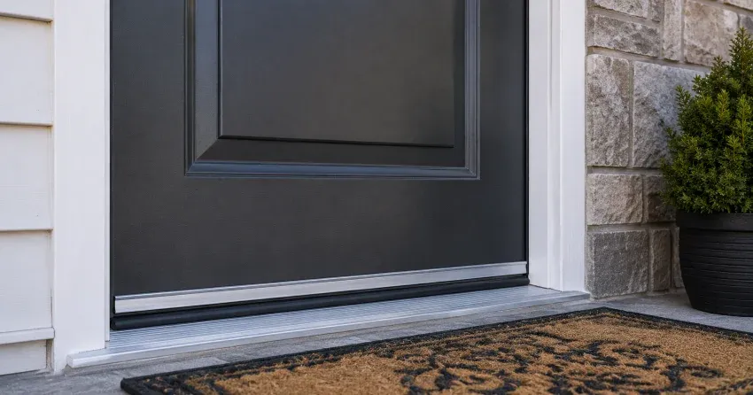 technician replacing worn door weatherstripping in Thornhill home