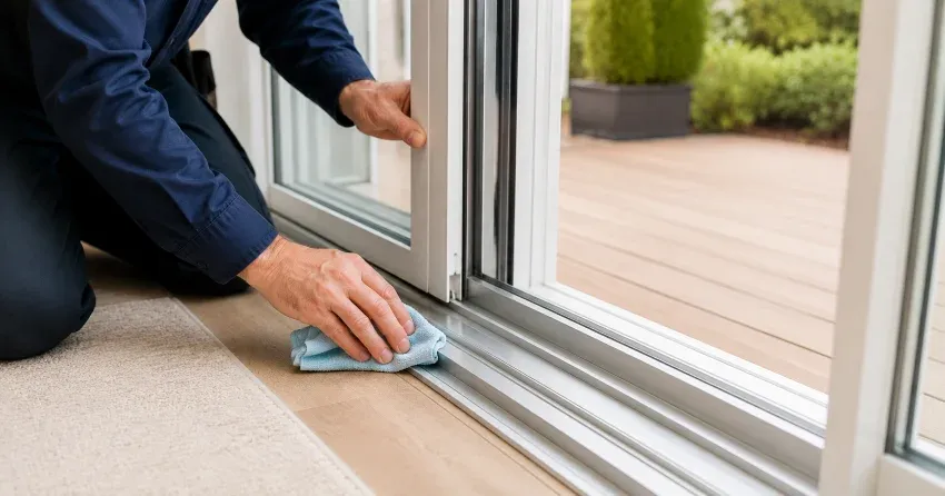 technician inspecting a sliding patio door track in German Mills, Thornhill