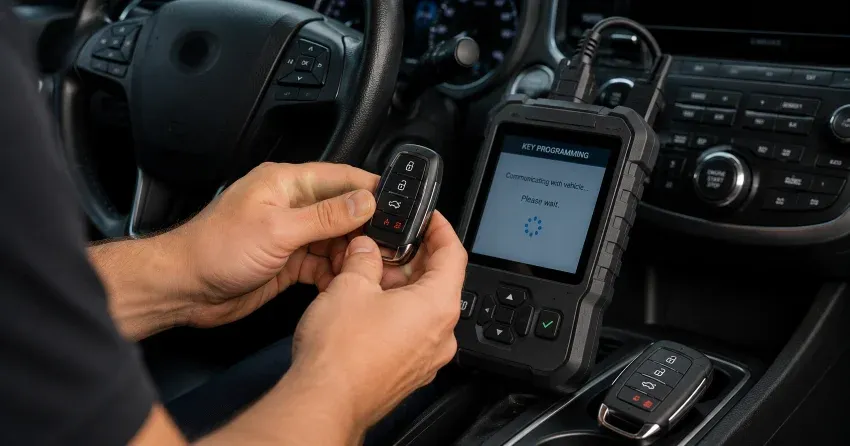 technician inspecting a worn car key before replacement in Aileen-Willowbrook, Thornhill