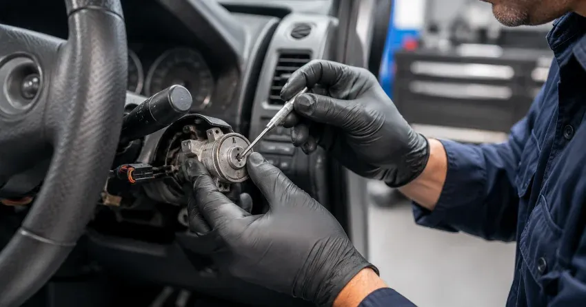 technician diagnosing an ignition lock repair issue in Beverley Glen, Thornhill
