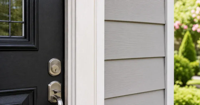 technician inspecting door jamb behind cracked casing in Grandview, Thornhill home