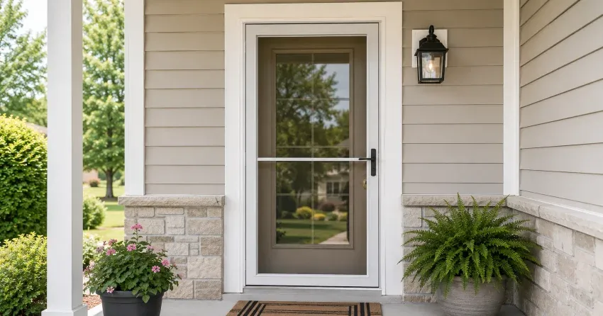 technician hanging storm door square and plumb in Brownridge, Thornhill