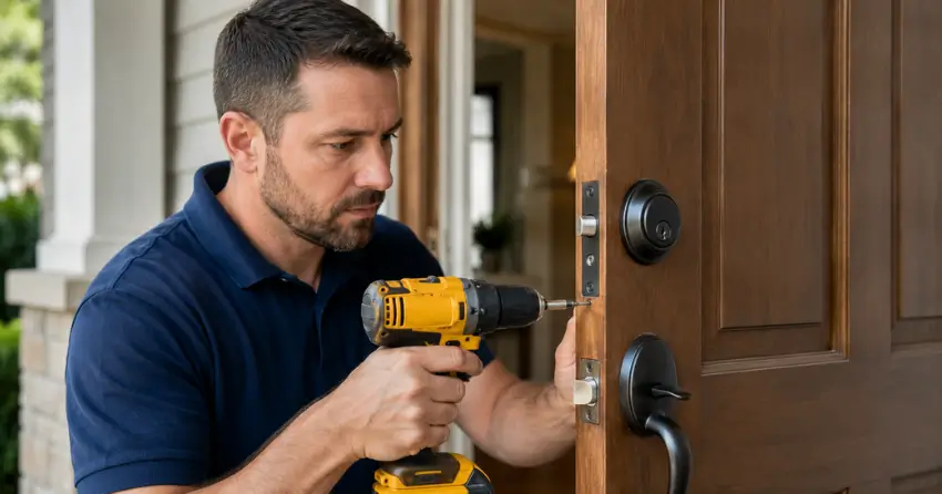technician installing a new deadbolt during Change Door Lock Langstaff, Thornhill service