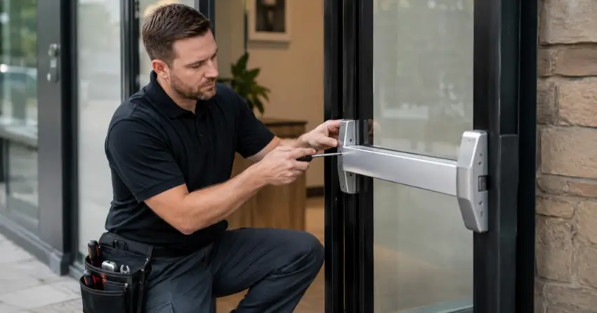 commercial locksmith repairing exit device on storefront door Thornhill