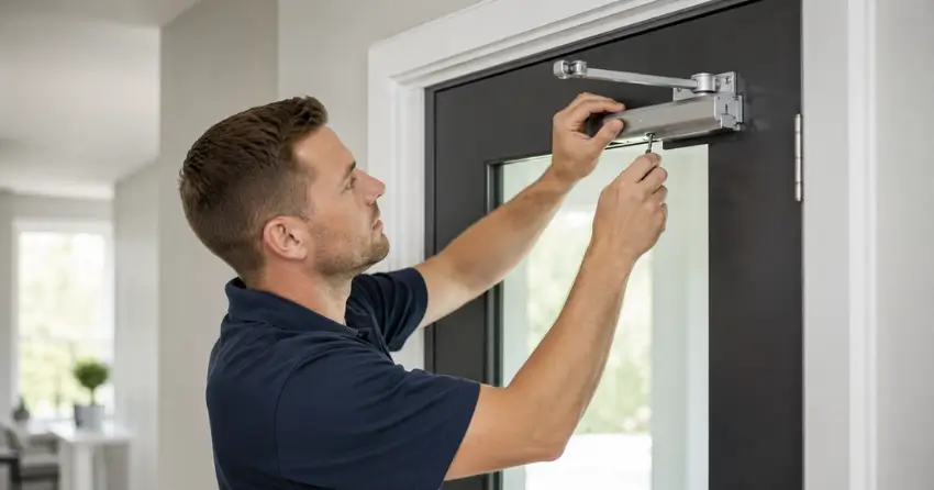 technician adjusting door closer hydraulic valve in Thornhill home