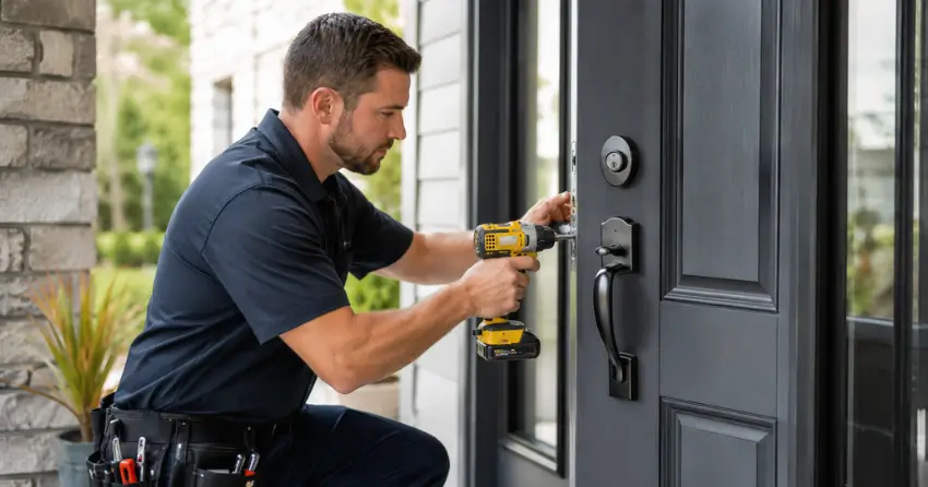 locksmith installing deadbolt lock on exterior door in Thornhill