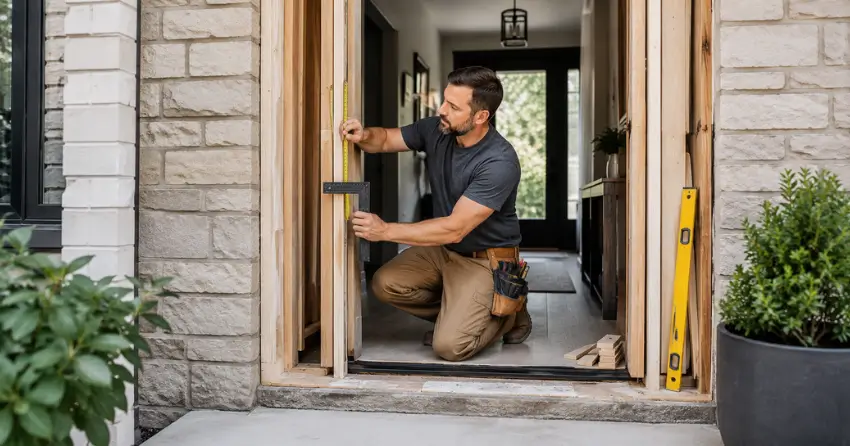exterior door installer assessing rough opening in Thornhill