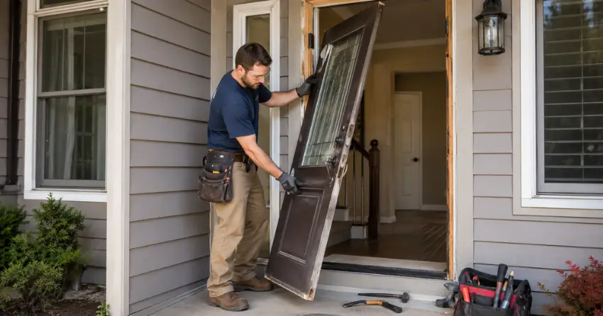 old exterior door being removed for replacement in Brownridge, Thornhill