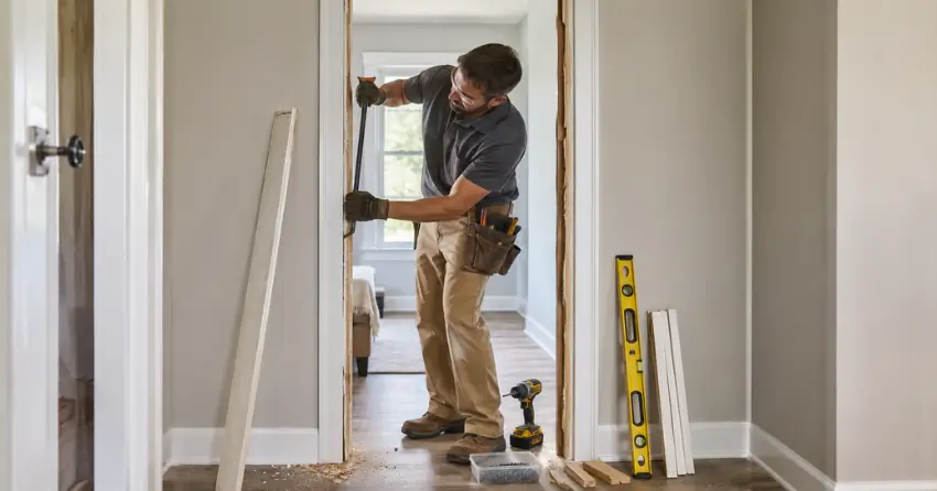 technician removing an old interior door frame during installation Uplands, Thornhill