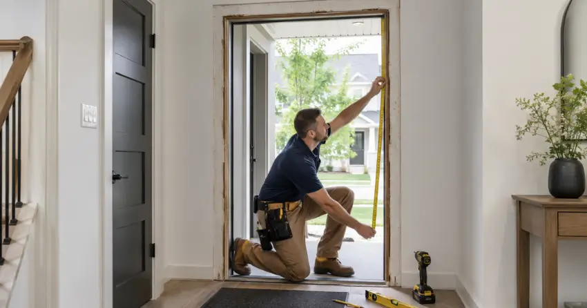 technician measuring a door frame before new door installation in Old Thornhill, Thornhill