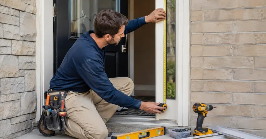technician measuring door frame before storm door install in Uplands, Thornhill