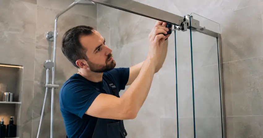 technician adjusting shower door hinge and track in Thornhill Woods, Thornhill