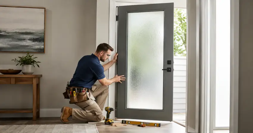 glass panel door installation with frosted privacy glass in residential setting in Old Thornhill, Thornhill