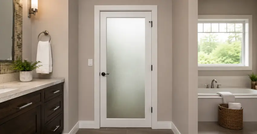 frosted glass panel bathroom door installed in a Langstaff, Thornhill home