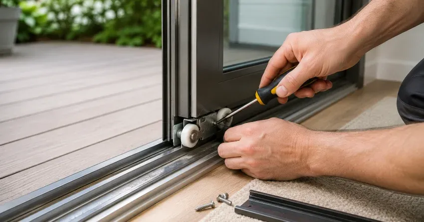 sliding door fix Grandview, Thornhill technician diagnosing track issue