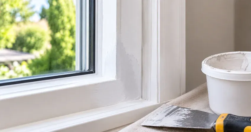 technician repairing rotted window frame corner in Lakeview Estates, Thornhill