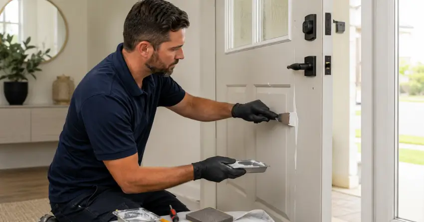 technician repairing fiberglass door surface crack in Grandview, Thornhill