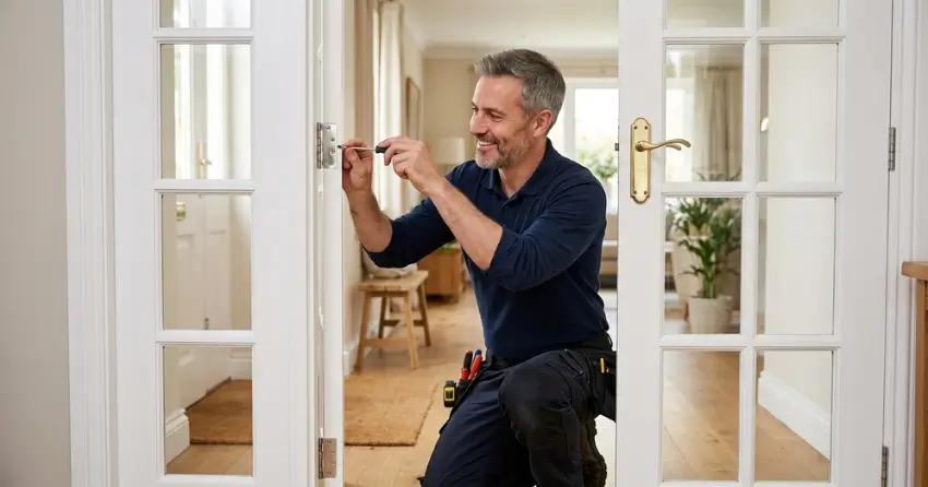 technician adjusting French door hinge for proper alignment in Thornhill