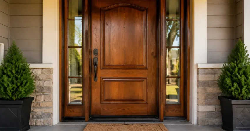 wood door mid-restoration showing stripped bare wood in Brownridge, Thornhill