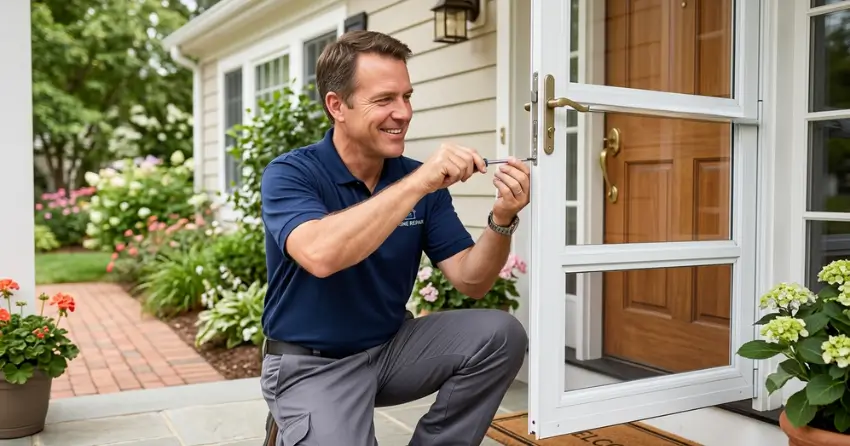 technician adjusting storm door hinge and closer in Thornhill