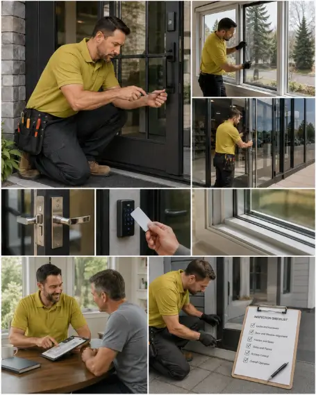 A crew removing an old window unit before fitting the replacement